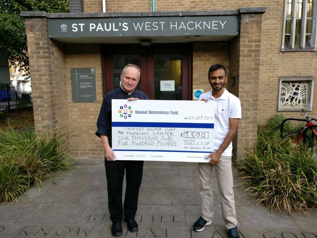 A local community sports tournament organised by Chartsworth Rd Residents raised £1.5k for the Hackney Shelter at St Paul's Church - Rev Niall Weir accepted the cheque in September 2016